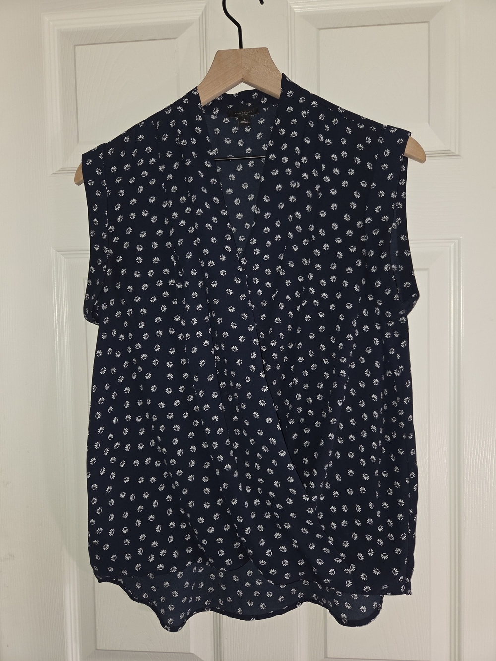 Ann Taylor Factory Navy Sleeveless Floral Faux Wrap Blouse